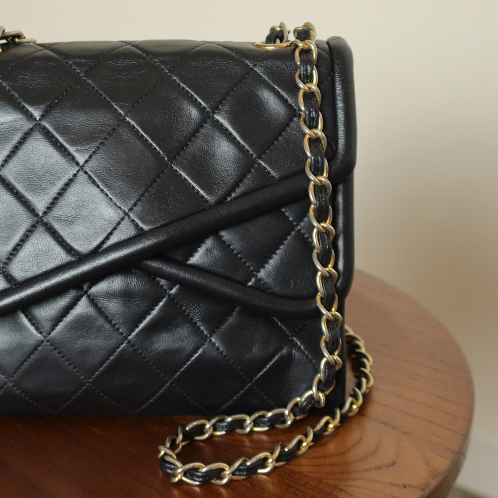 Chanel Vintage Black Lambskin Gold Tassel Asymmetrical Double Flap Bag
