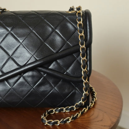 Chanel Vintage Black Lambskin Gold Tassel Asymmetrical Double Flap Bag