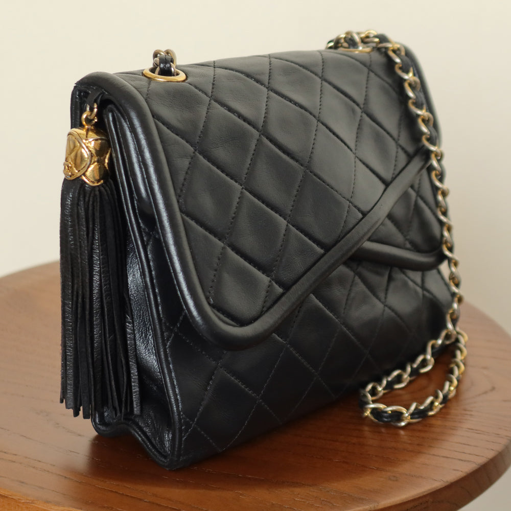 Chanel Vintage Black Lambskin Gold Tassel Asymmetrical Double Flap Bag