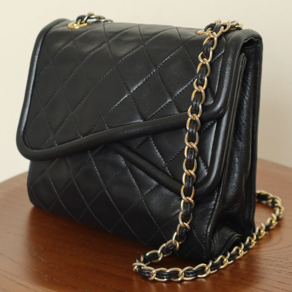 Chanel Vintage Black Lambskin Gold Tassel Asymmetrical Double Flap Bag