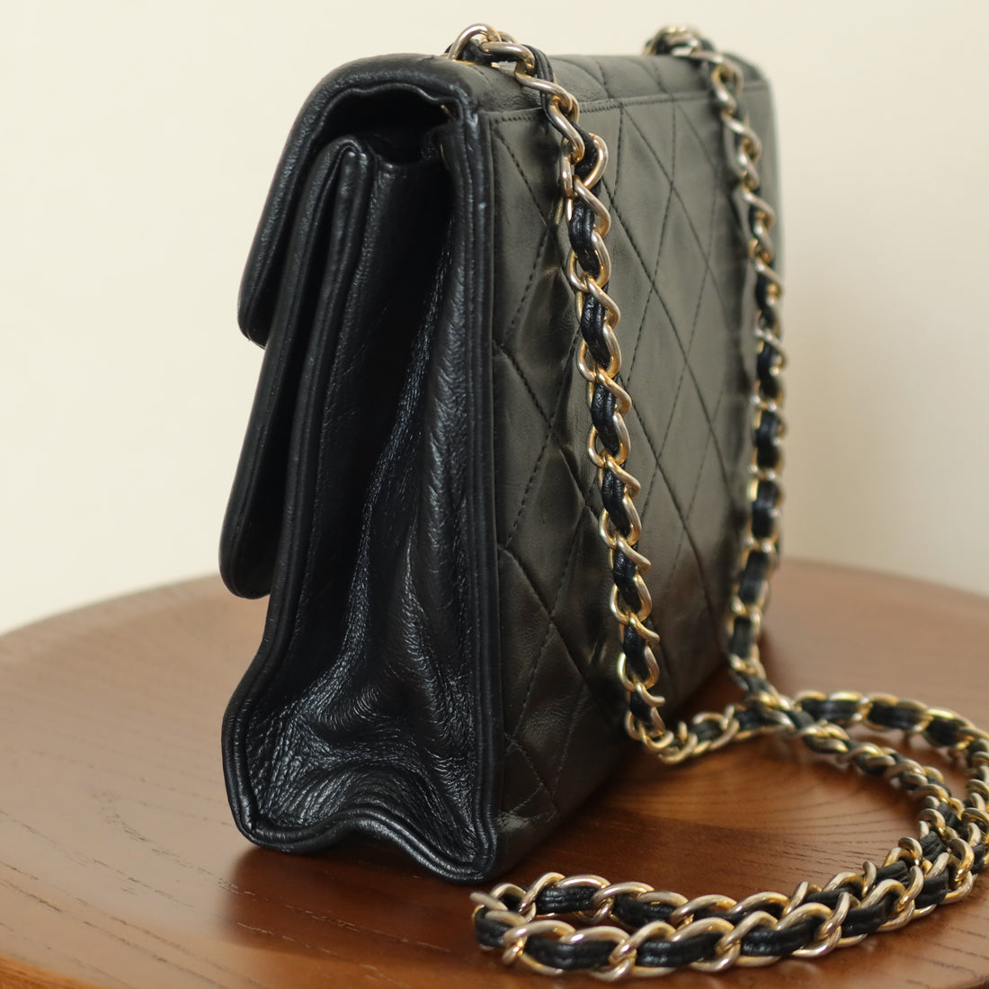 Chanel Vintage Black Lambskin Gold Tassel Asymmetrical Double Flap Bag S