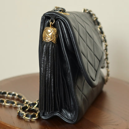 Chanel Vintage Black Lambskin Gold Tassel Asymmetrical Double Flap Bag S