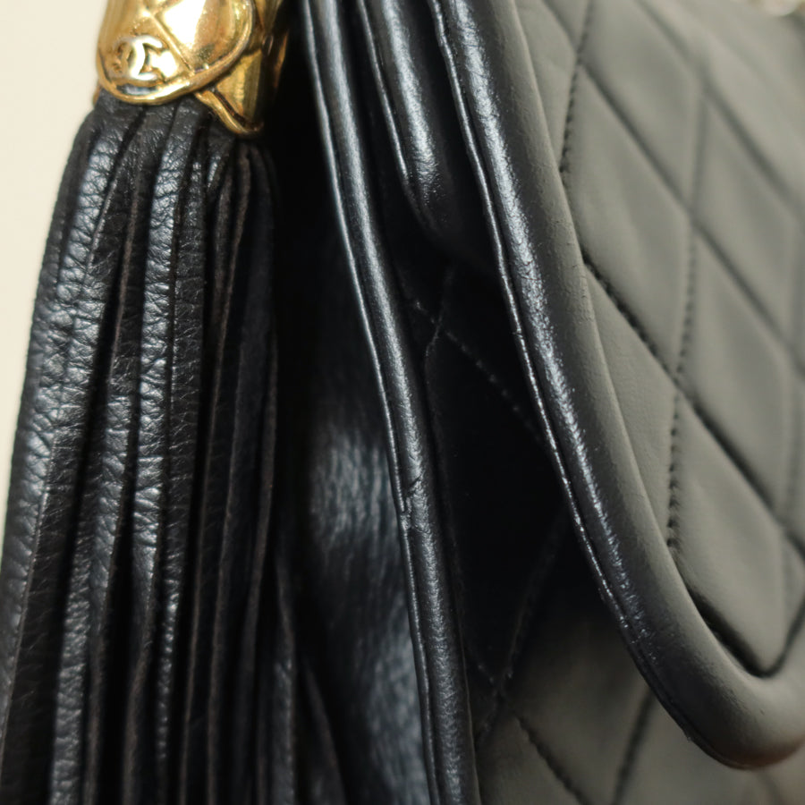 Chanel Vintage Black Lambskin Gold Tassel Asymmetrical Double Flap Bag S