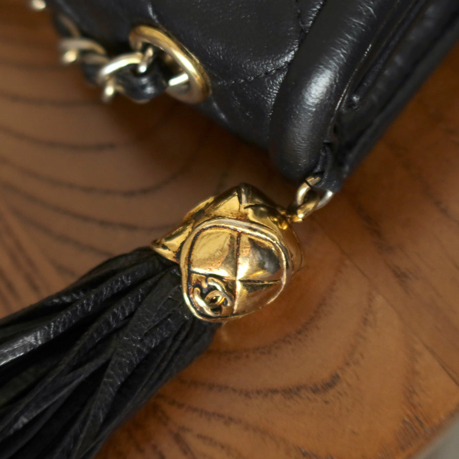 Chanel Vintage Black Lambskin Gold Tassel Asymmetrical Double Flap Bag S