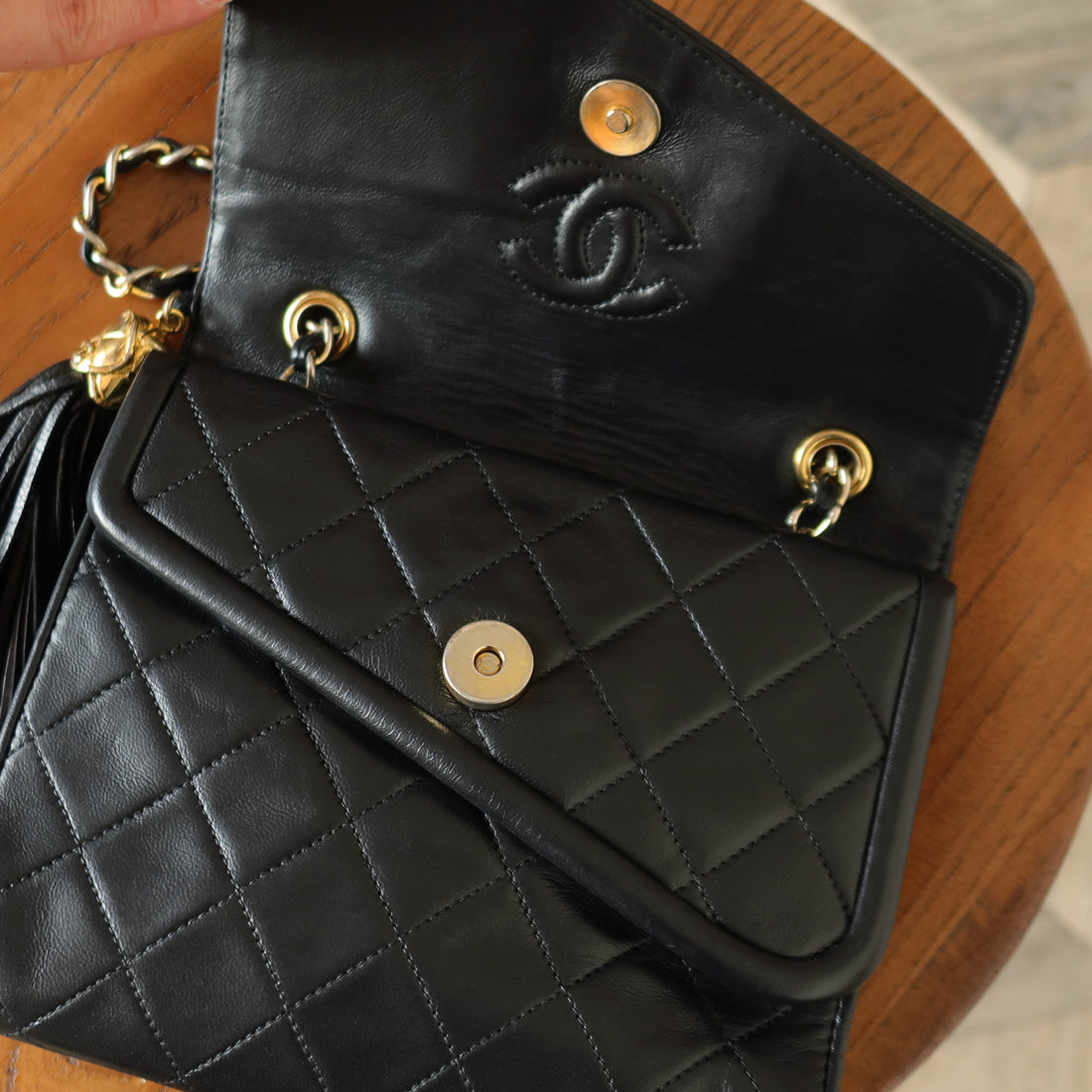 Chanel Vintage Black Lambskin Gold Tassel Asymmetrical Double Flap Bag
