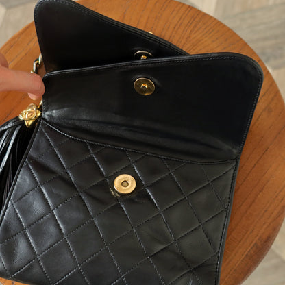 Chanel Vintage Black Lambskin Gold Tassel Asymmetrical Double Flap Bag