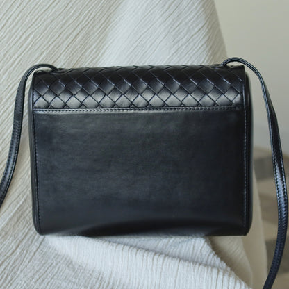 Bottega Veneta Vintage Black Intrecciato Weave Leather Rounded Crossbody Shoulder Bag