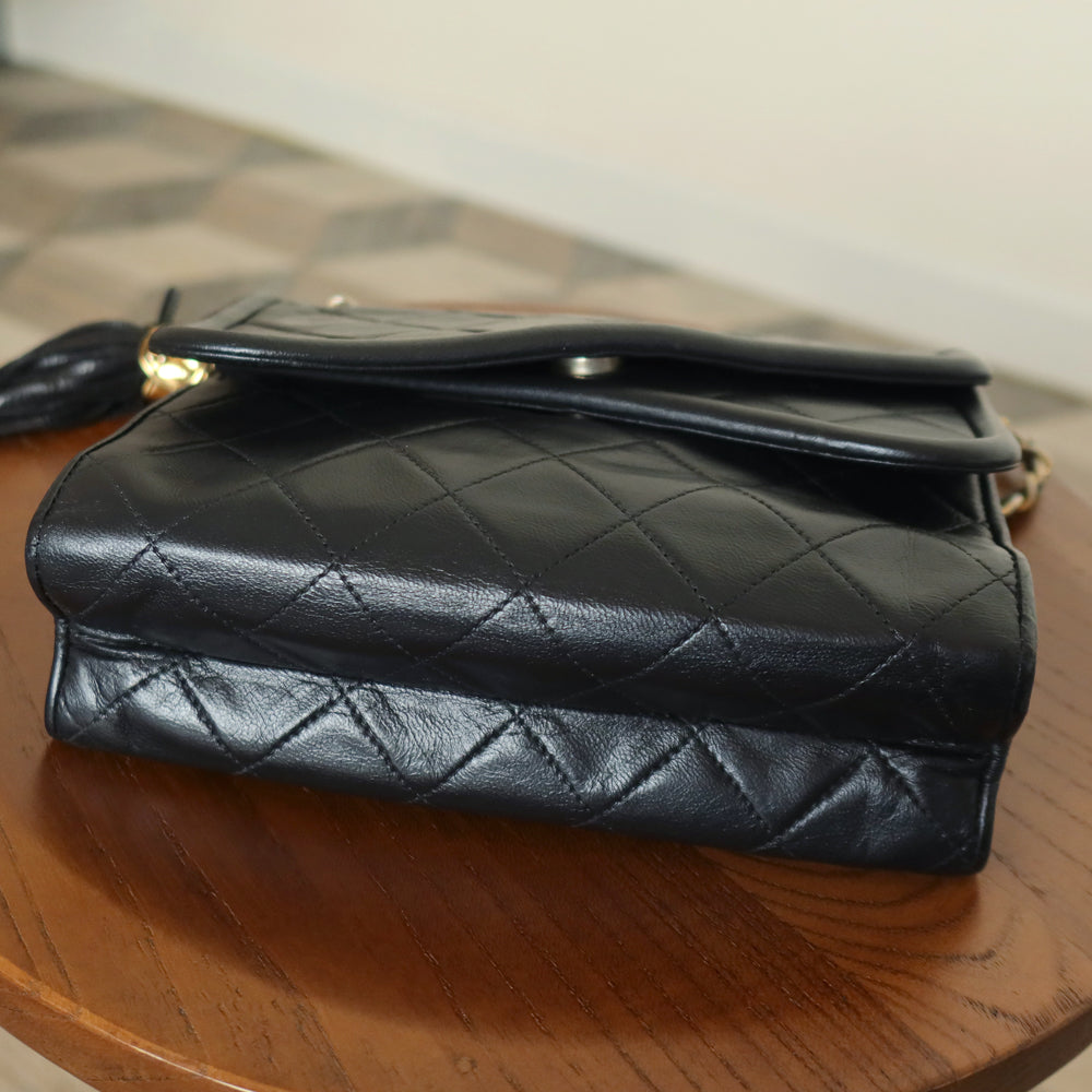 Chanel Vintage Black Lambskin Gold Tassel Asymmetrical Double Flap Bag S