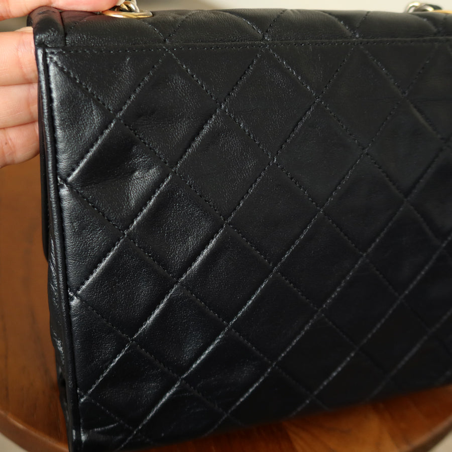 Chanel Vintage Black Lambskin Gold Tassel Asymmetrical Double Flap Bag S
