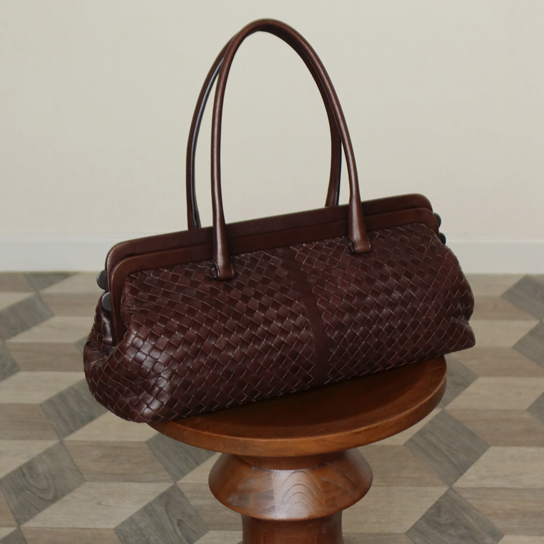 Bottega Veneta Vintage Dark Brown Intrecciato Kiss Lock East West Shoulder Bag