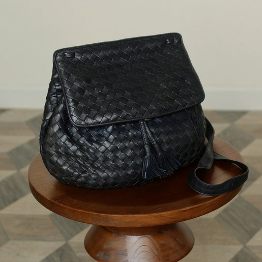 Bottega Veneta Vintage Charcoal Grey Intrecciato Weave 2way Crossbody Shoulder Bag