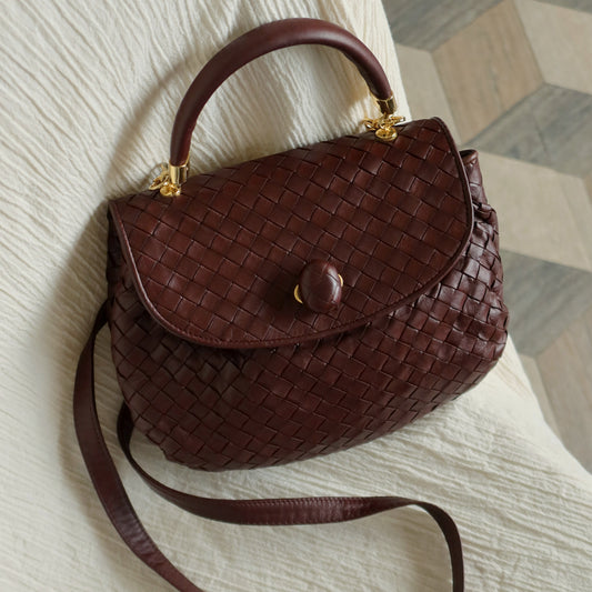 Bottega Veneta Vintage Dark Brown Intrecciato Weave Turn Lock 2way Shoulder Bag