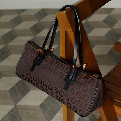 Fendi Vintage Brown Black Zucchino East-West Leather Hand Bag