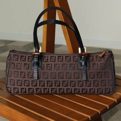 Fendi Vintage Brown Black Zucchino East-West Leather Hand Bag