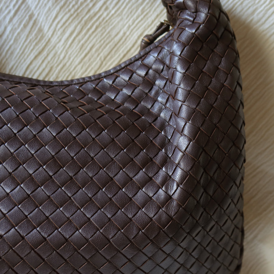 Bottega Veneta Vintage Dark Brown Intrecciato Weave Ebano Hobo Shoulder Bag N