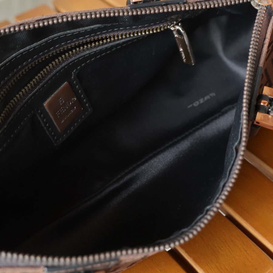 Fendi Vintage Brown Black Zucchino Canvas Leather Hand Bag