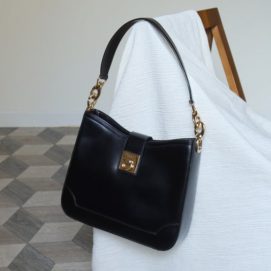 Celine Vintage Classic Black Gancini Gold Buckle Shoulder Bag