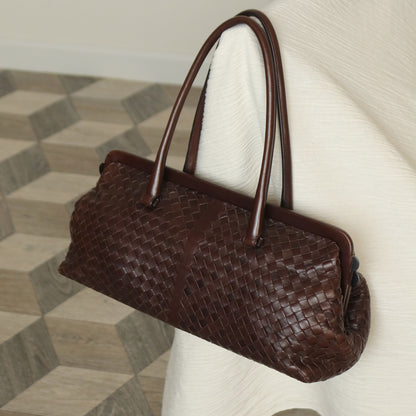 Bottega Veneta Vintage Dark Brown Intrecciato Kiss Lock East West Shoulder Bag