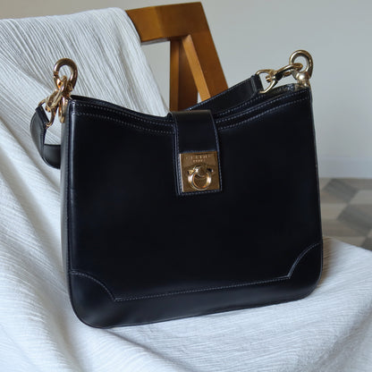 Celine Vintage Classic Black Gancini Gold Buckle Shoulder Bag