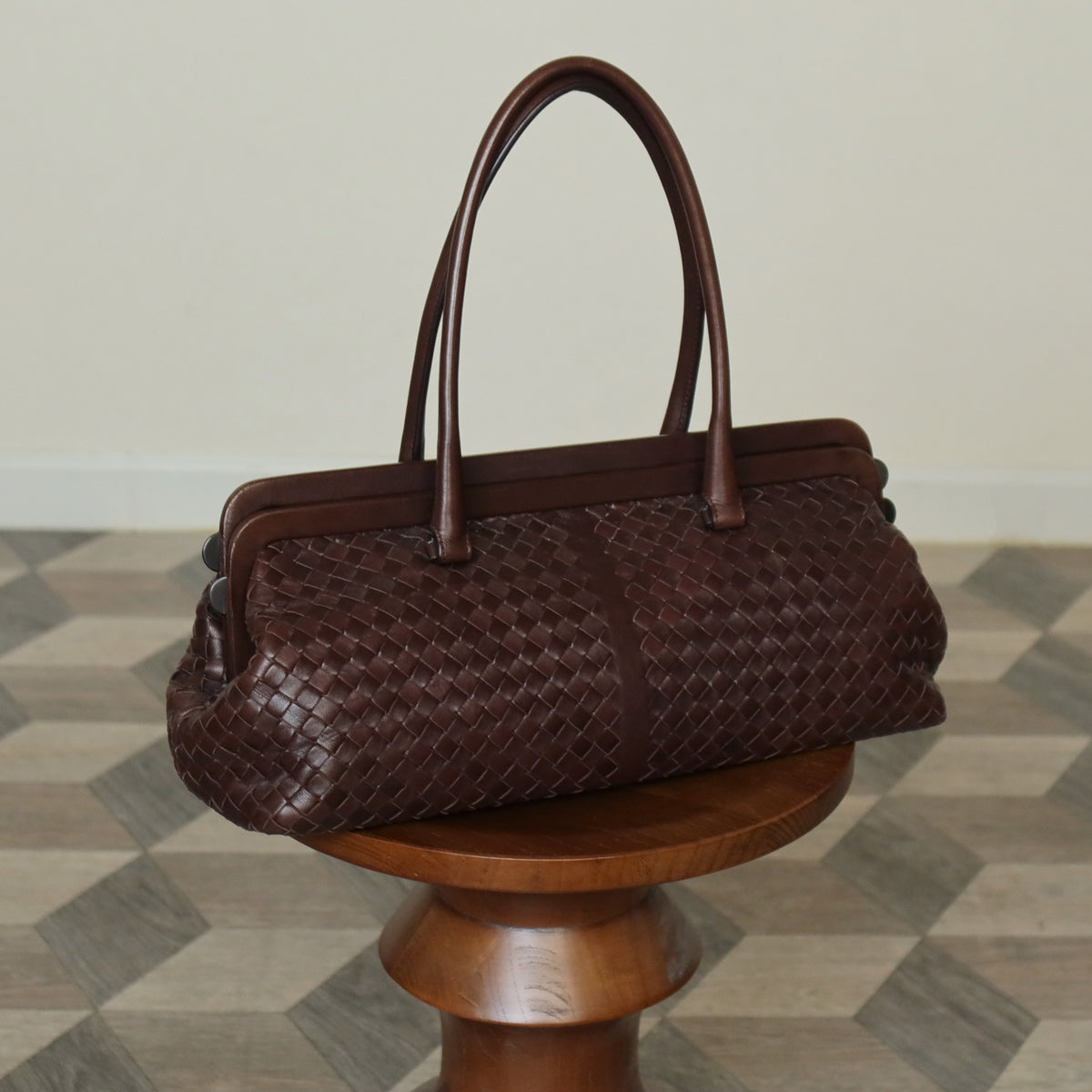 Bottega Veneta Vintage Dark Brown Intrecciato Kiss Lock East West Shoulder Bag