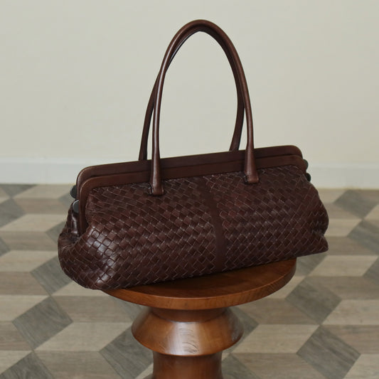 Bottega Veneta Vintage Dark Brown Intrecciato Kiss Lock East West Shoulder Bag