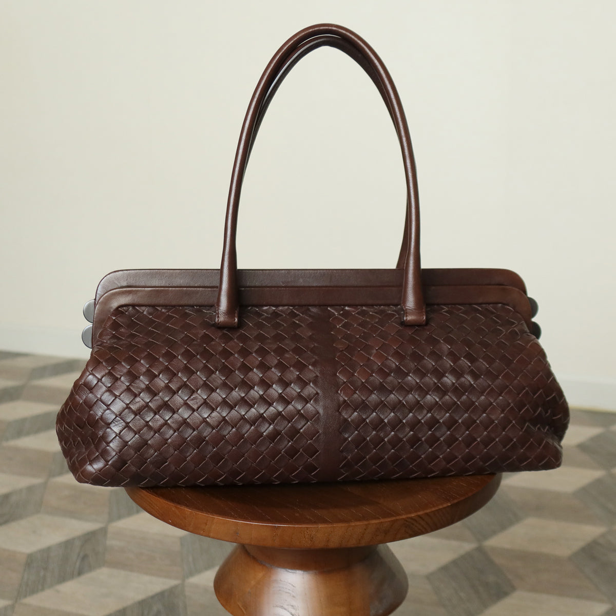 Bottega Veneta Vintage Dark Brown Intrecciato Kiss Lock East West Shoulder Bag