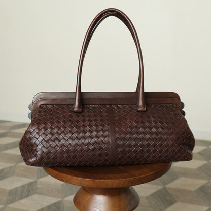 Bottega Veneta Vintage Dark Brown Intrecciato Kiss Lock East West Shoulder Bag