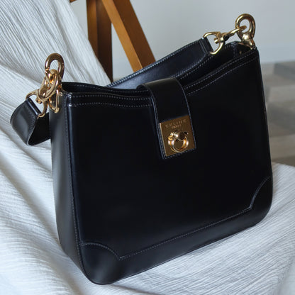 Celine Vintage Classic Black Gancini Gold Buckle Shoulder Bag