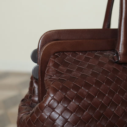 Bottega Veneta Vintage Dark Brown Intrecciato Kiss Lock East West Shoulder Bag