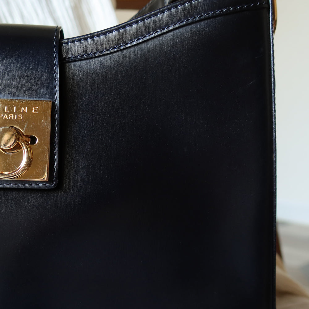 Celine Vintage Classic Black Gancini Gold Buckle Shoulder Bag