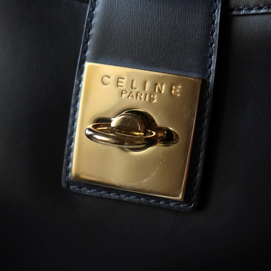 Celine Vintage Classic Black Gancini Gold Buckle Shoulder Bag