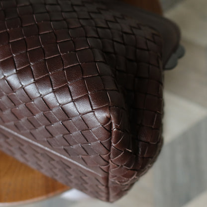 Bottega Veneta Vintage Dark Brown Intrecciato Kiss Lock East West Shoulder Bag