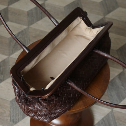 Bottega Veneta Vintage Dark Brown Intrecciato Kiss Lock East West Shoulder Bag