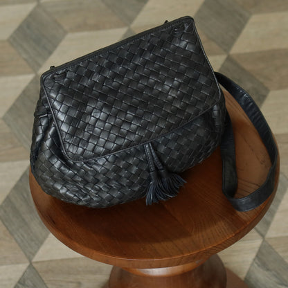 Bottega Veneta Vintage Charcoal Grey Intrecciato Weave 2way Crossbody Shoulder Bag