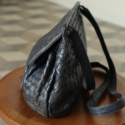 Bottega Veneta Vintage Charcoal Grey Intrecciato Weave 2way Crossbody Shoulder Bag