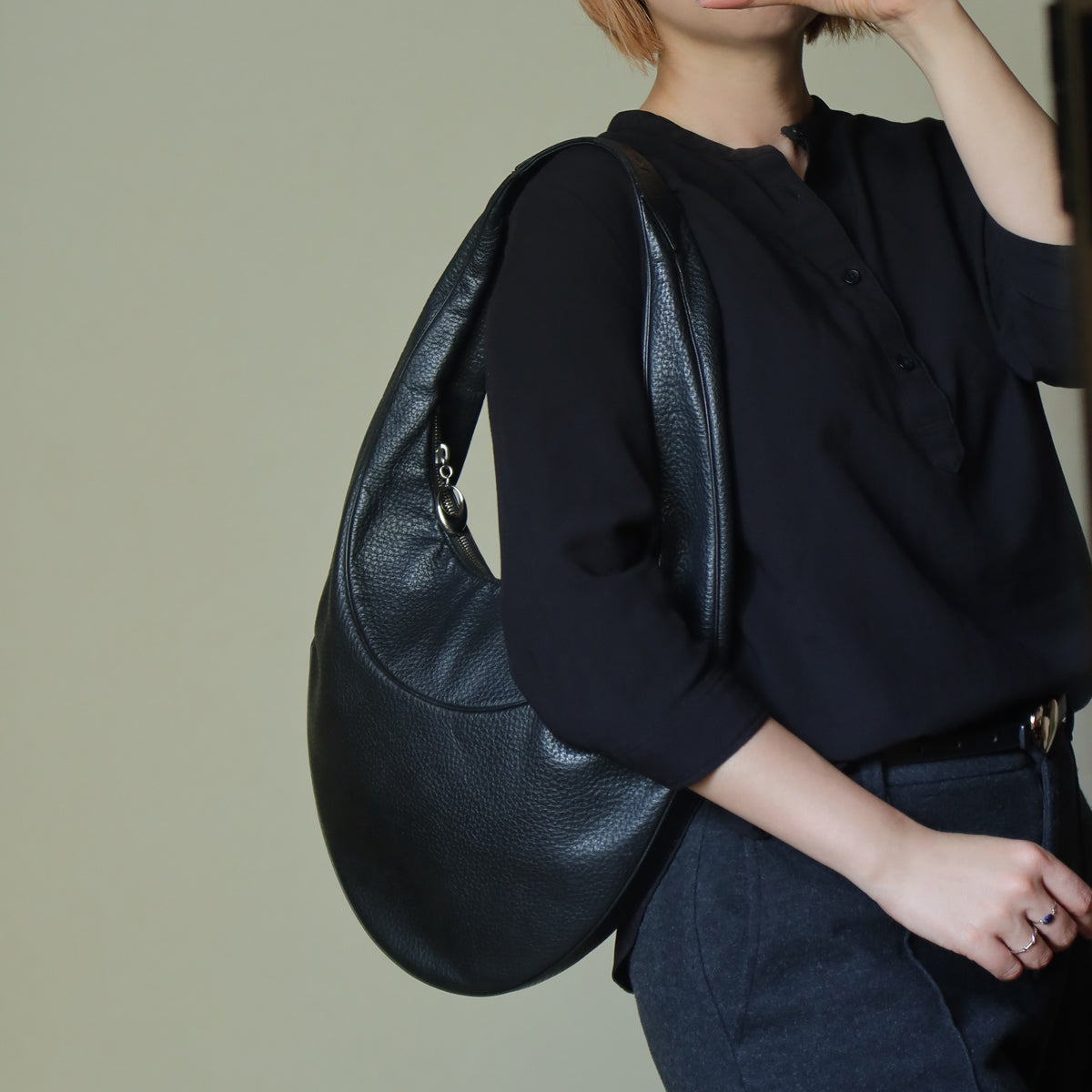 Bvlgari Long Oval Black Grained Leather O charm Shoulder Bag