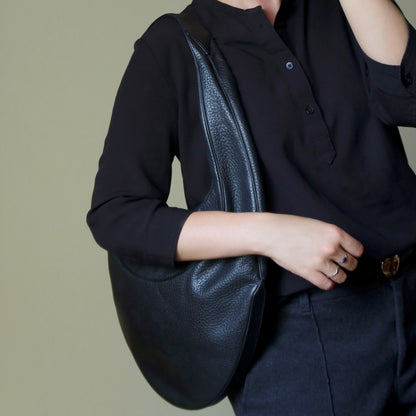 Bvlgari Long Oval Black Grained Leather O charm Shoulder Bag