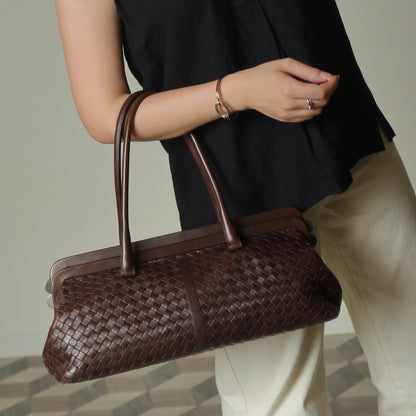 Bottega Veneta Vintage Dark Brown Intrecciato Kiss Lock East West Shoulder Bag