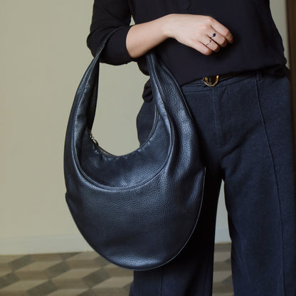 Bvlgari Long Oval Black Grained Leather O charm Shoulder Bag