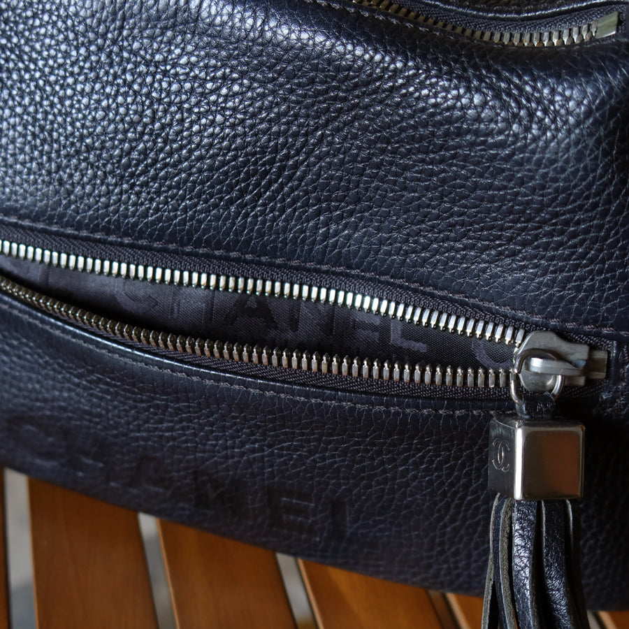 Chanel Vintage Black Grained Calfskin CC Charm Baguette Shoulder Bag