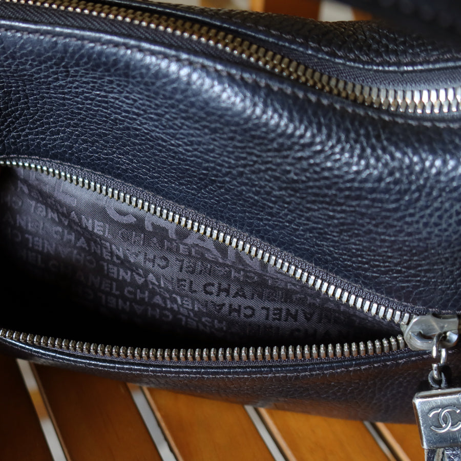 Chanel Vintage Black Grained Calfskin CC Charm Baguette Shoulder Bag