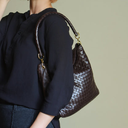 Rare Bottega Veneta Vintage Dark Brown Intrecciato Braided Strap Hobo Shoulder Bag