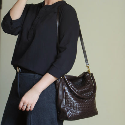 Rare Bottega Veneta Vintage Dark Brown Intrecciato Braided Strap Hobo Shoulder Bag