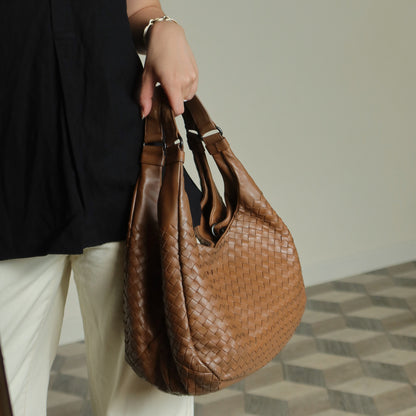 Bottega Veneta Vintage Caramel Brown Intrecciato Campana Hobo Shoulder Bag M