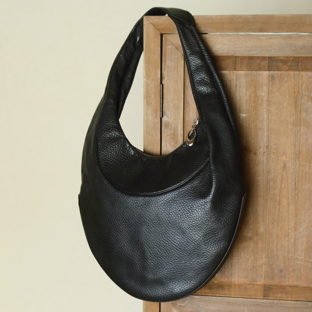 Bvlgari Long Oval Black Grained Leather O charm Shoulder Bag