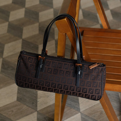 Fendi Vintage Brown Black Zucchino East-West Leather Hand Bag