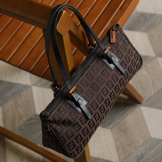 Fendi Vintage Brown Black Zucchino East-West Leather Hand Bag
