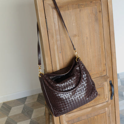 Rare Bottega Veneta Vintage Dark Brown Intrecciato Braided Strap Hobo Shoulder Bag