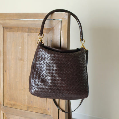 Rare Bottega Veneta Vintage Dark Brown Intrecciato Braided Strap Hobo Shoulder Bag