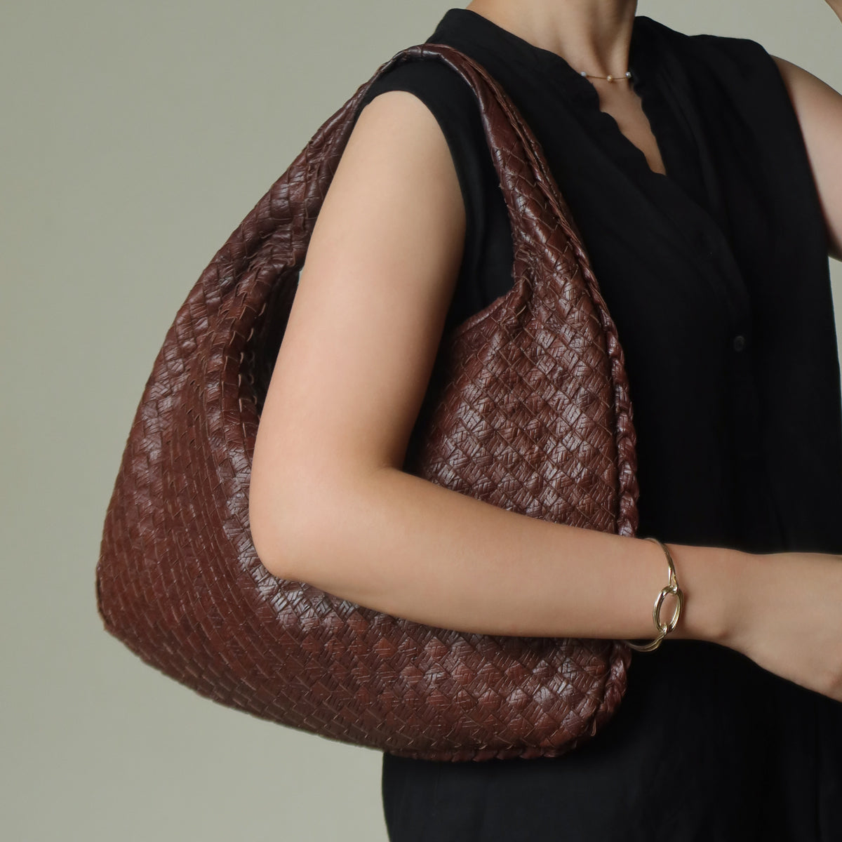 Bottega Veneta Vintage Dark Brown Double Intrecciato Weave Ebano Hobo Shoulder Bag